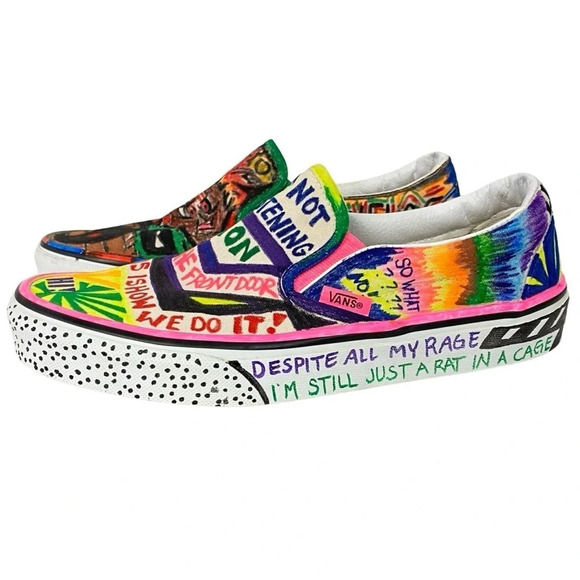 VANS Sneakers Custom Hand Drawn Graffiti Slide On Shoes Women 7.5 Men 6 Upcycled - Picture 1 of 16